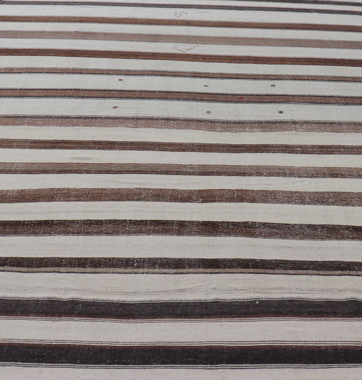 Measures:10'2 x 15'9 Vintage Turkish Hand Woven Kilim with Stripes in Ivory, Mocha, and Brown. Keivan Woven Arts / rug EN - 13994, country of origin / type: Turkey / Kilim, circa Mid - 20th Century. This flat - woven Kilim rug from Turkey features ... - Keivan Woven ArtsEN - 13994 - 22710Rug