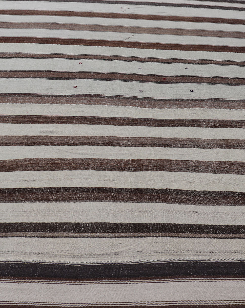 Measures:10'2 x 15'9 Vintage Turkish Hand Woven Kilim with Stripes in Ivory, Mocha, and Brown. Keivan Woven Arts / rug EN - 13994, country of origin / type: Turkey / Kilim, circa Mid - 20th Century. This flat - woven Kilim rug from Turkey features ... - Keivan Woven ArtsEN - 13994 - 22710Rug