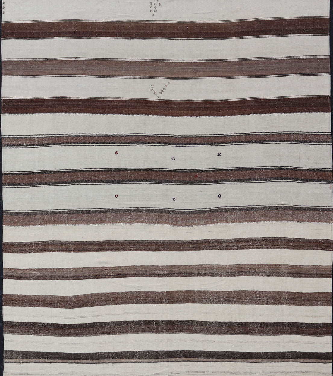 Measures:10'2 x 15'9 Vintage Turkish Hand Woven Kilim with Stripes in Ivory, Mocha, and Brown. Keivan Woven Arts / rug EN - 13994, country of origin / type: Turkey / Kilim, circa Mid - 20th Century. This flat - woven Kilim rug from Turkey features ... - Keivan Woven ArtsEN - 13994 - 22710Rug
