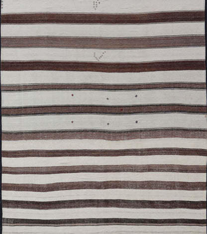 Measures:10'2 x 15'9 Vintage Turkish Hand Woven Kilim with Stripes in Ivory, Mocha, and Brown. Keivan Woven Arts / rug EN - 13994, country of origin / type: Turkey / Kilim, circa Mid - 20th Century. This flat - woven Kilim rug from Turkey features ... - Keivan Woven ArtsEN - 13994 - 22710Rug