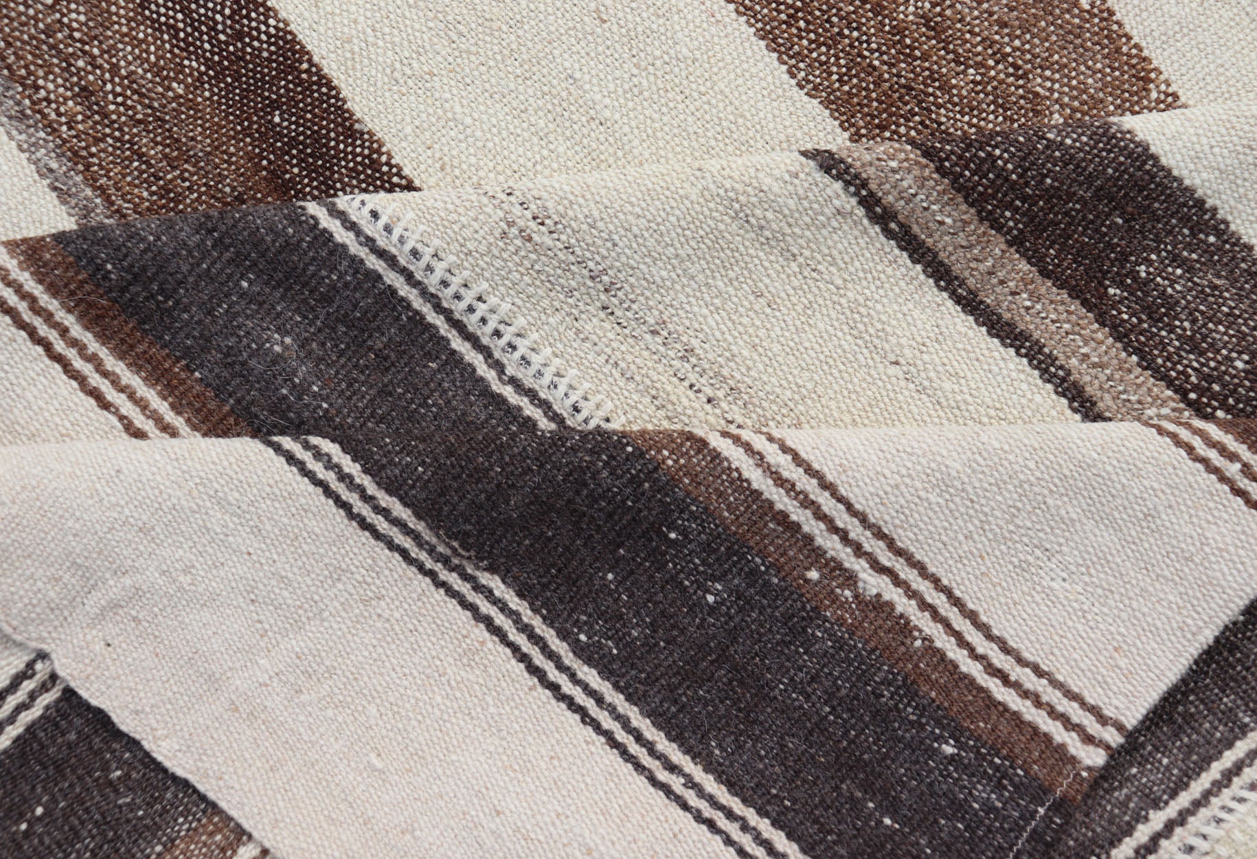 Measures:10'2 x 15'9 Vintage Turkish Hand Woven Kilim with Stripes in Ivory, Mocha, and Brown. Keivan Woven Arts / rug EN - 13994, country of origin / type: Turkey / Kilim, circa Mid - 20th Century. This flat - woven Kilim rug from Turkey features ... - Keivan Woven ArtsEN - 13994 - 22710Rug