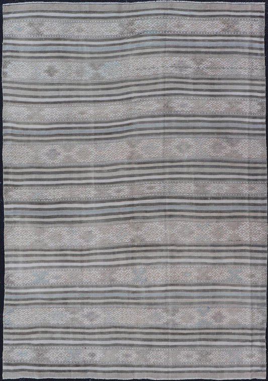 Measures: 5'6 x 8'3 Turkish Flat - Weave Kilim with Embroideries in Taupe, Tan, Cream, and Blue. Keivan Woven Arts / rug EN - 14002, country of origin / type: Turkey / Kilim, circa 1950 This vintage Turkish Kilim rug features a contemporary geom... - Keivan Woven ArtsEN - 14002 - 21757