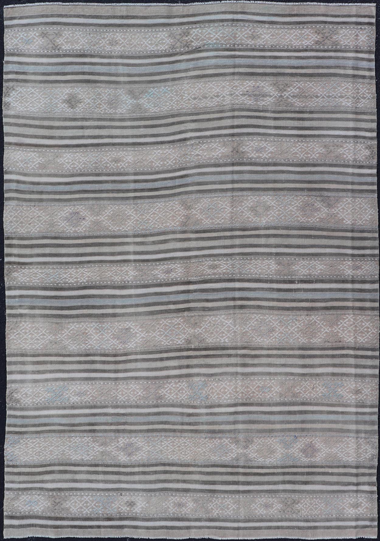 Measures: 5'6 x 8'3 Turkish Flat - Weave Kilim with Embroideries in Taupe, Tan, Cream, and Blue. Keivan Woven Arts / rug EN - 14002, country of origin / type: Turkey / Kilim, circa 1950 This vintage Turkish Kilim rug features a contemporary geom... - Keivan Woven ArtsEN - 14002 - 21757Rug