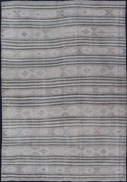 Measures: 5'6 x 8'3 Turkish Flat - Weave Kilim with Embroideries in Taupe, Tan, Cream, and Blue. Keivan Woven Arts / rug EN - 14002, country of origin / type: Turkey / Kilim, circa 1950 This vintage Turkish Kilim rug features a contemporary geom... - Keivan Woven ArtsEN - 14002 - 21757Rug