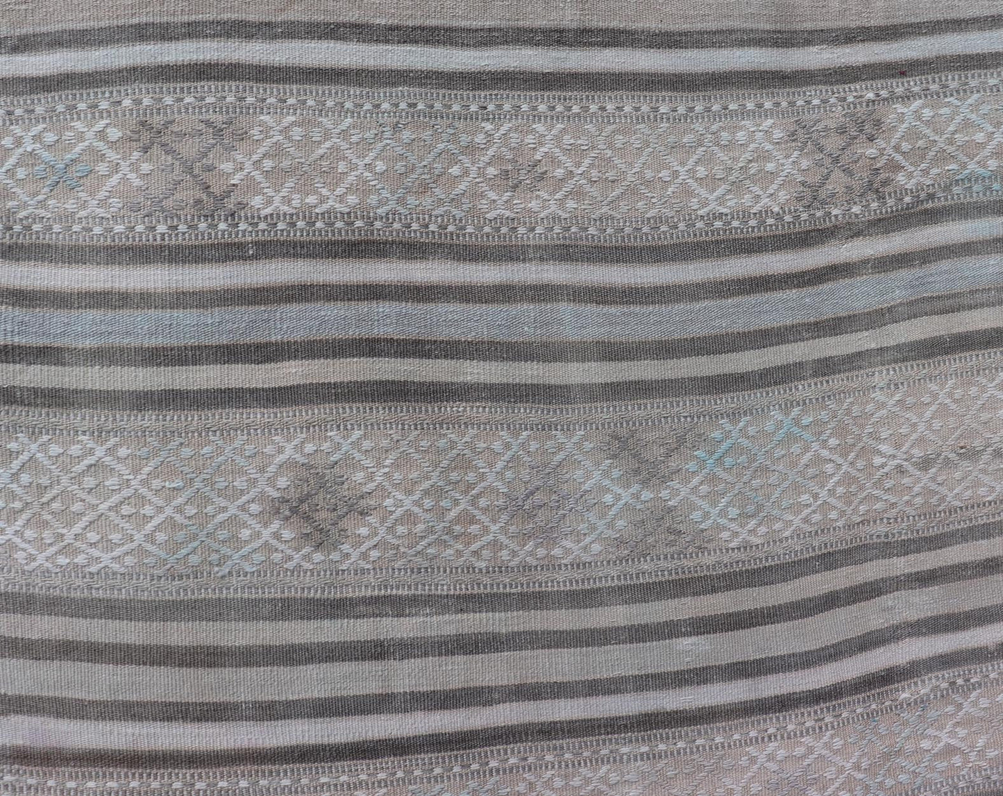 Measures: 5'6 x 8'3 Turkish Flat - Weave Kilim with Embroideries in Taupe, Tan, Cream, and Blue. Keivan Woven Arts / rug EN - 14002, country of origin / type: Turkey / Kilim, circa 1950 This vintage Turkish Kilim rug features a contemporary geom... - Keivan Woven ArtsEN - 14002 - 21757Rug