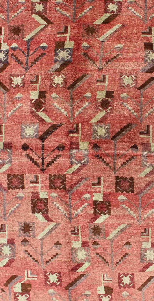 Turkish Oushak Vintage Carpet with Tribal Figures Set soft Red Pink Background Oushak Vintage Carpet with Tribal Figures Set on a Faint Red/Pink Background Keivan Woven Arts/ rug#EN - 140087 origin/Turkey, Hand knotted vintage rug. Measure... - Keivan Woven ArtsEN - 140087 - 5572Rug