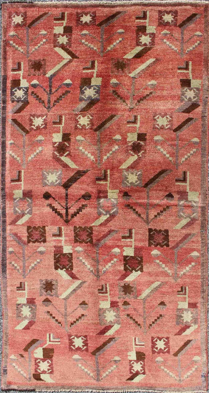 Turkish Oushak Vintage Carpet with Tribal Figures Set soft Red Pink Background Oushak Vintage Carpet with Tribal Figures Set on a Faint Red/Pink Background Keivan Woven Arts/ rug#EN - 140087 origin/Turkey, Hand knotted vintage rug. Measure... - Keivan Woven ArtsEN - 140087 - 5572Rug