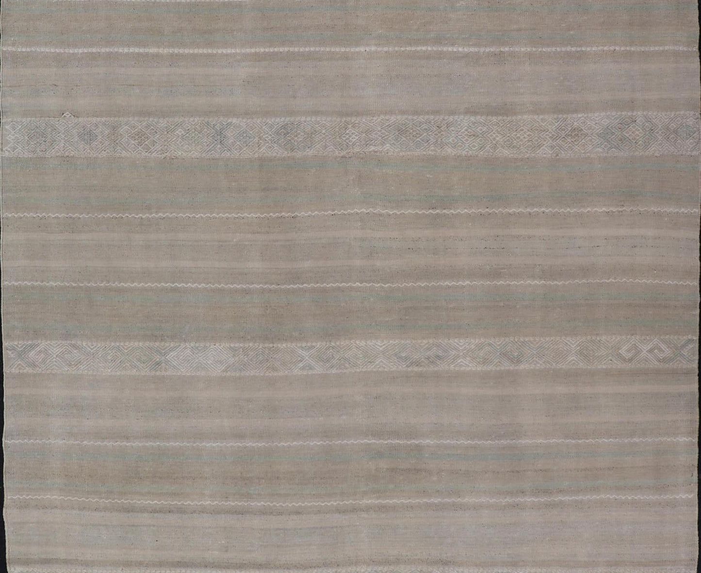 Turkish Flat - Weave Kilim in Muted Colors with Stripes and Embroideries. Country of Origin: Turkey; Type: Kilim; Design: Panel, Stripes, Embroider; Keivan Woven Arts: rug EN - 14009; Gallery Turkish Kilim Vintage Carpet. Measures: 5'5 x 8'6 This c... - Keivan Woven ArtsEN - 14009 - 23941Rug