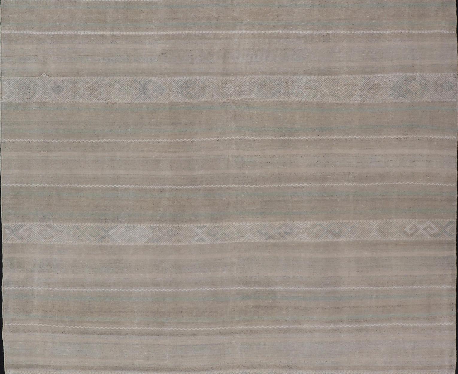 Turkish Flat - Weave Kilim in Muted Colors with Stripes and Embroideries. Country of Origin: Turkey; Type: Kilim; Design: Panel, Stripes, Embroider; Keivan Woven Arts: rug EN - 14009; Gallery Turkish Kilim Vintage Carpet. Measures: 5'5 x 8'6 This c... - Keivan Woven ArtsEN - 14009 - 23941Rug
