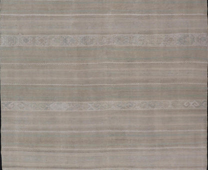 Turkish Flat - Weave Kilim in Muted Colors with Stripes and Embroideries. Country of Origin: Turkey; Type: Kilim; Design: Panel, Stripes, Embroider; Keivan Woven Arts: rug EN - 14009; Gallery Turkish Kilim Vintage Carpet. Measures: 5'5 x 8'6 This c... - Keivan Woven ArtsEN - 14009 - 23941Rug