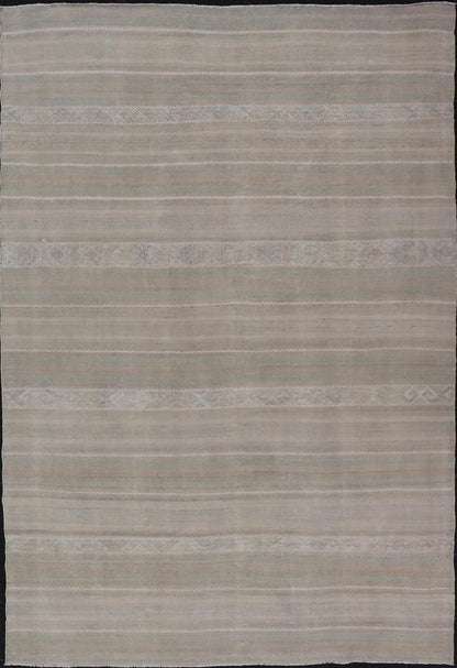 Turkish Flat - Weave Kilim in Muted Colors with Stripes and Embroideries. Country of Origin: Turkey; Type: Kilim; Design: Panel, Stripes, Embroider; Keivan Woven Arts: rug EN - 14009; Gallery Turkish Kilim Vintage Carpet. Measures: 5'5 x 8'6 This c... - Keivan Woven ArtsEN - 14009 - 23941Rug