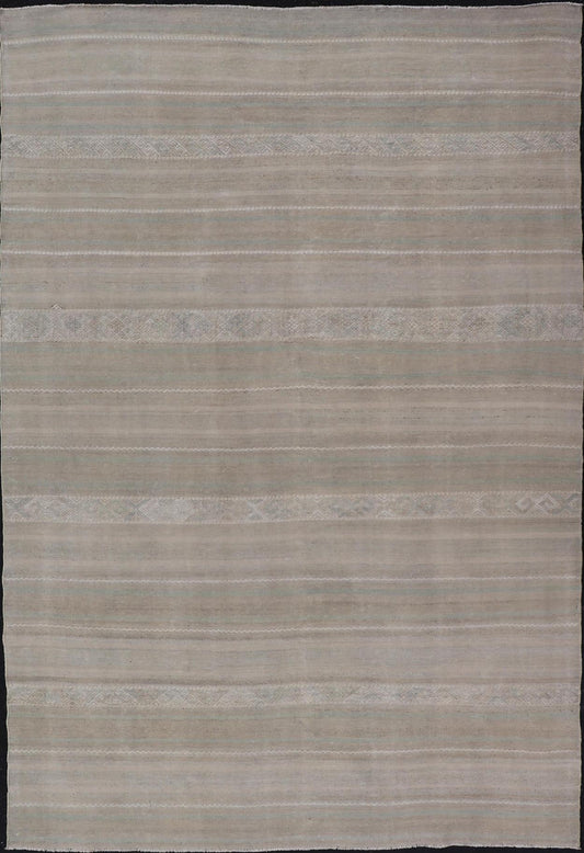 Turkish Flat - Weave Kilim in Muted Colors with Stripes and Embroideries. Country of Origin: Turkey; Type: Kilim; Design: Panel, Stripes, Embroider; Keivan Woven Arts: rug EN - 14009; Gallery Turkish Kilim Vintage Carpet. Measures: 5'5 x 8'6 This c... - Keivan Woven ArtsEN - 14009 - 23941Rug