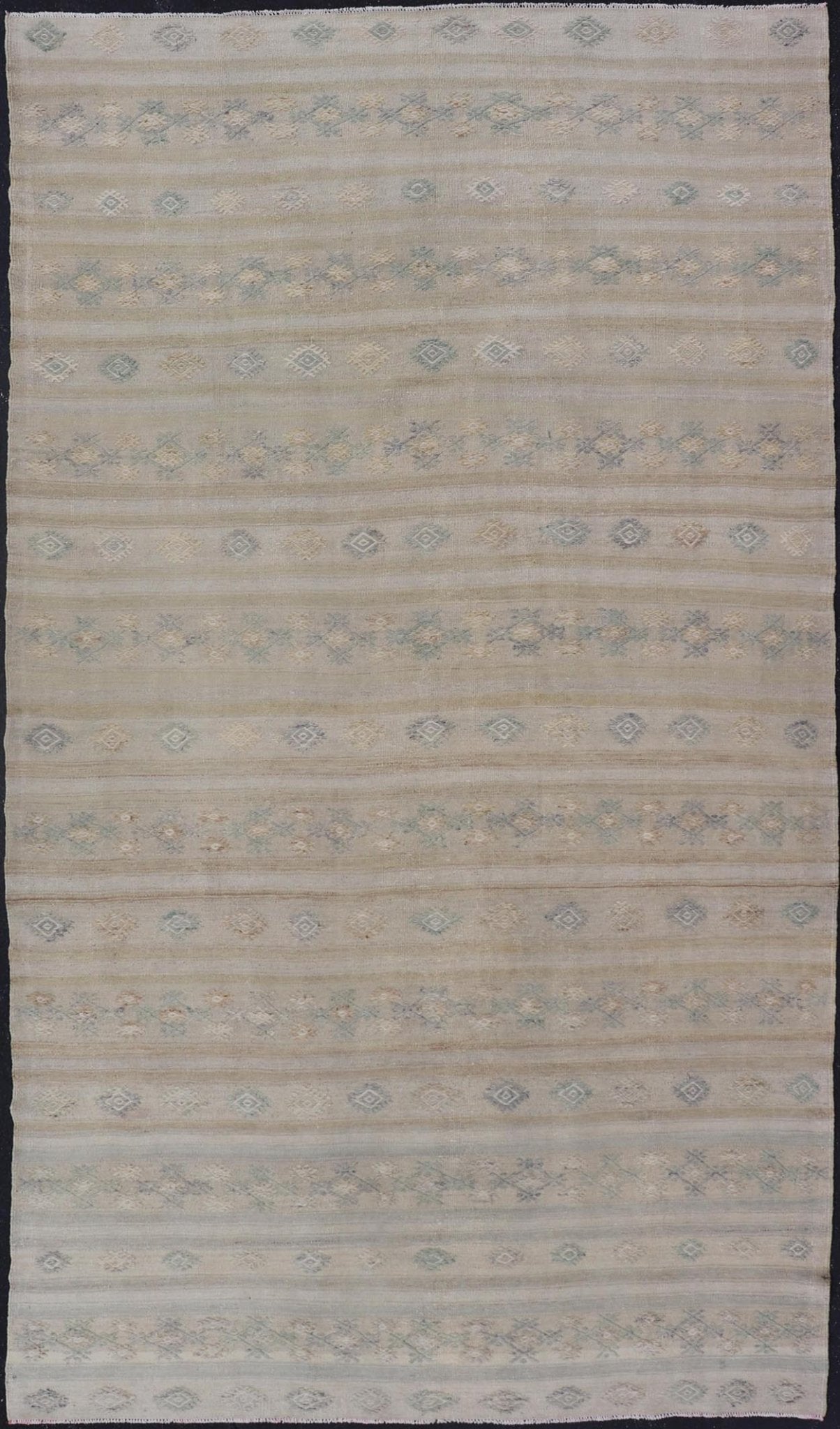 Turkish Vintage Gallery Flat - Weave Kilim With Stripes and Embroideries. Country of Origin: Turkey; Type: Kilim; Design: Panel, Stripes, Embroider; Keivan Woven Arts: EN - 14013, mid 20th century. Measures: 6'3 x 11'6 This charming vintage fla... - Keivan Woven ArtsEN - 14013 - 23726Rug