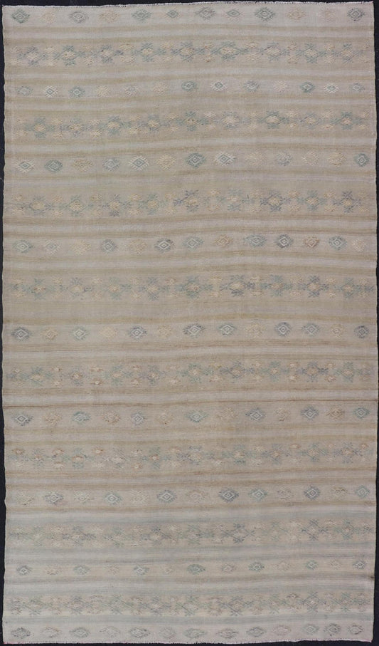 Turkish Vintage Gallery Flat - Weave Kilim With Stripes and Embroideries. Country of Origin: Turkey; Type: Kilim; Design: Panel, Stripes, Embroider; Keivan Woven Arts: EN - 14013, mid 20th century. Measures: 6'3 x 11'6 This charming vintage fla... - Keivan Woven ArtsEN - 14013 - 23726Rug