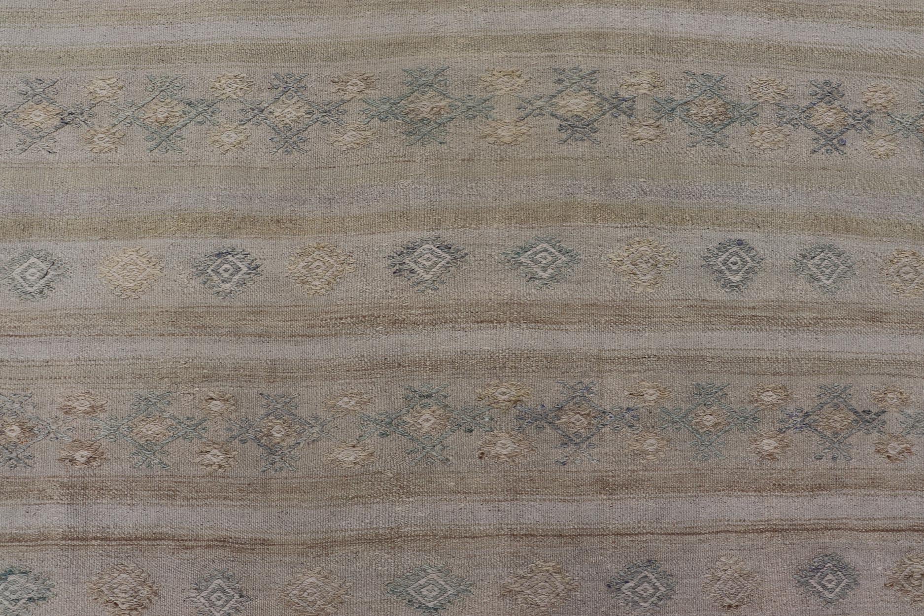 Turkish Vintage Gallery Flat - Weave Kilim With Stripes and Embroideries. Country of Origin: Turkey; Type: Kilim; Design: Panel, Stripes, Embroider; Keivan Woven Arts: EN - 14013, mid 20th century. Measures: 6'3 x 11'6 This charming vintage fla... - Keivan Woven ArtsEN - 14013 - 23726Rug
