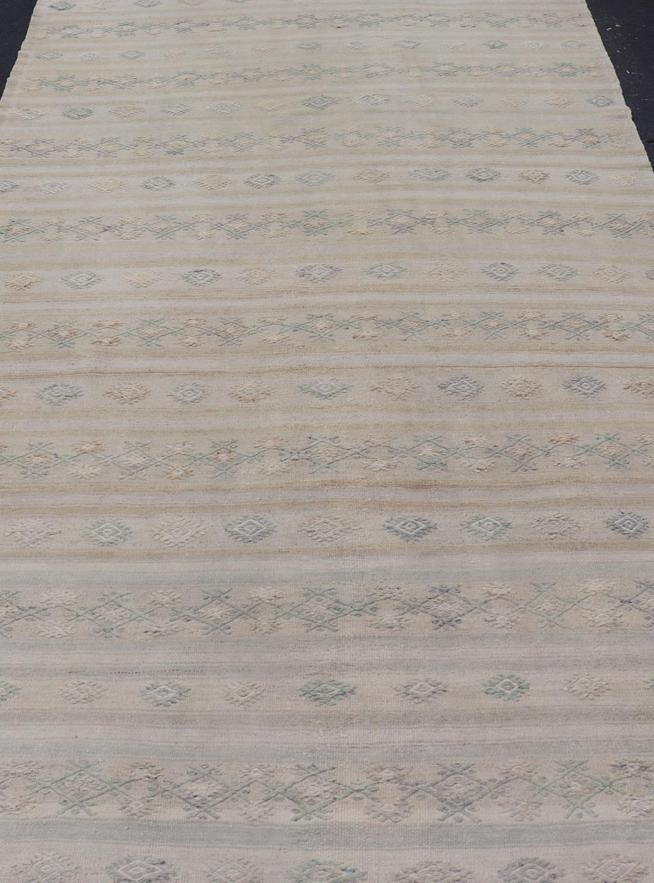 Turkish Vintage Gallery Flat - Weave Kilim With Stripes and Embroideries. Country of Origin: Turkey; Type: Kilim; Design: Panel, Stripes, Embroider; Keivan Woven Arts: EN - 14013, mid 20th century. Measures: 6'3 x 11'6 This charming vintage fla... - Keivan Woven ArtsEN - 14013 - 23726Rug