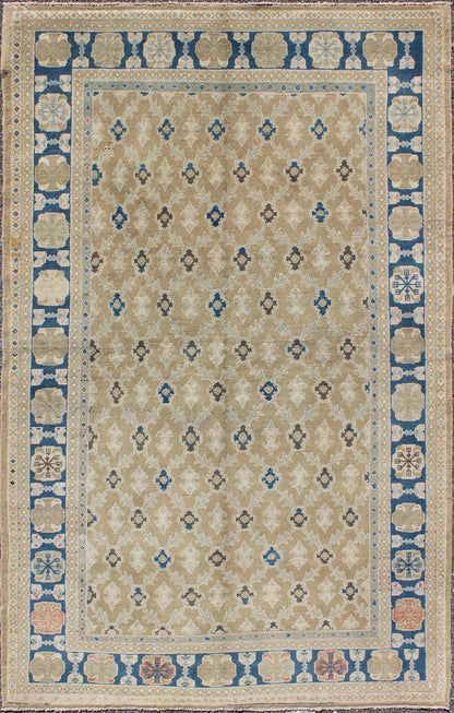 Fine Turkish Sivas Oushak Rug This unique vintage Sivas is an extraordinary work of art and is distinguished by profoundly perceptive palettes of blue, straw and Princeton gold for a beautiful finish. With its patterned, all - over design, this ca... - Keivan Woven ArtsEN - 140154 - 5578Rug