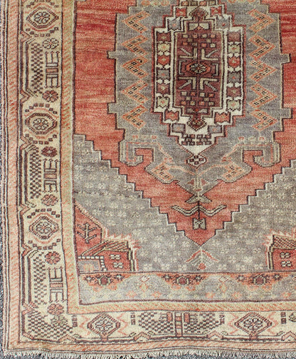 Colorful Vintage Turkish Oushak Rug with Geometric - Tribal Motifs Keivan Woven Arts/ rug/EN - 140179 origin/Turkey Measures: 3'7 x 5'3. This vintage Oushak rug features an beautiful design and color combination. The central medallion is comp... - Keivan Woven ArtsEN - 140179 - 6031Rug