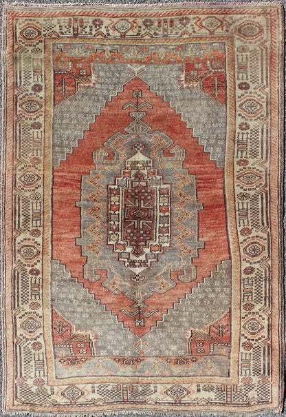 Colorful Vintage Turkish Oushak Rug with Geometric - Tribal Motifs Keivan Woven Arts/ rug/EN - 140179 origin/Turkey Measures: 3'7 x 5'3. This vintage Oushak rug features an beautiful design and color combination. The central medallion is comp... - Keivan Woven ArtsEN - 140179 - 6031Rug