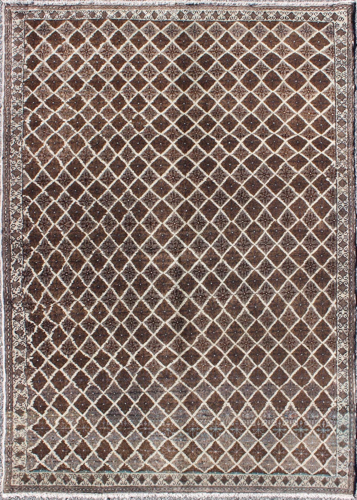 Turkish Rug with Unique Design This vintage Mid - Century Turkish rug features a contemporary design on a predominantly chocolate - brown background with ivory outlines and hints of light icy blue. Measures: 3'9 x 5'4. - Keivan Woven ArtsEN - 140196 - 5582Rug