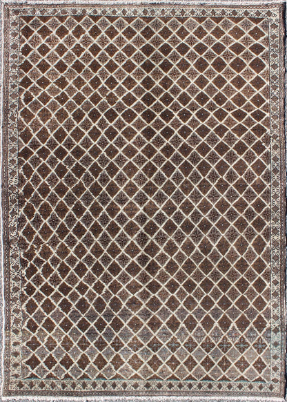 Turkish Rug with Unique Design This vintage Mid - Century Turkish rug features a contemporary design on a predominantly chocolate - brown background with ivory outlines and hints of light icy blue. Measures: 3'9 x 5'4. - Keivan Woven ArtsEN - 140196 - 5582Rug