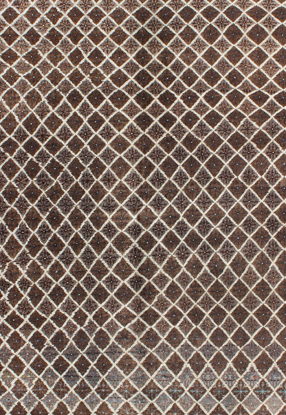 Turkish Rug with Unique Design This vintage Mid - Century Turkish rug features a contemporary design on a predominantly chocolate - brown background with ivory outlines and hints of light icy blue. Measures: 3'9 x 5'4. - Keivan Woven ArtsEN - 140196 - 5582Rug