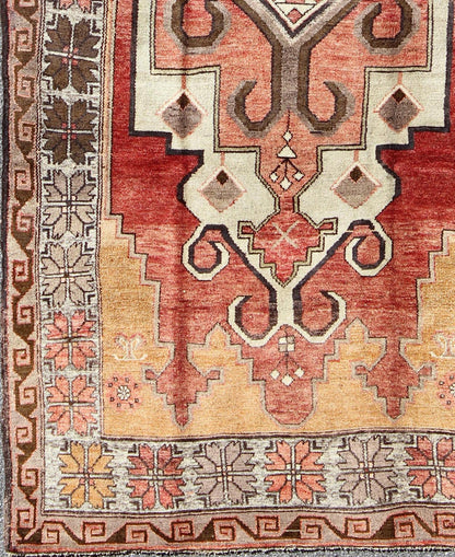 Vintage Turkish Oushak Rug with Geometric - Tribal Medallion in Red, Ivory & Gold This vintage Oushak rug features an intricate and complex design paired with a unique color combination. A geometric - tribal medallion spreads across the central fiel... - Keivan Woven ArtsEN - 140200 - 6037Rug