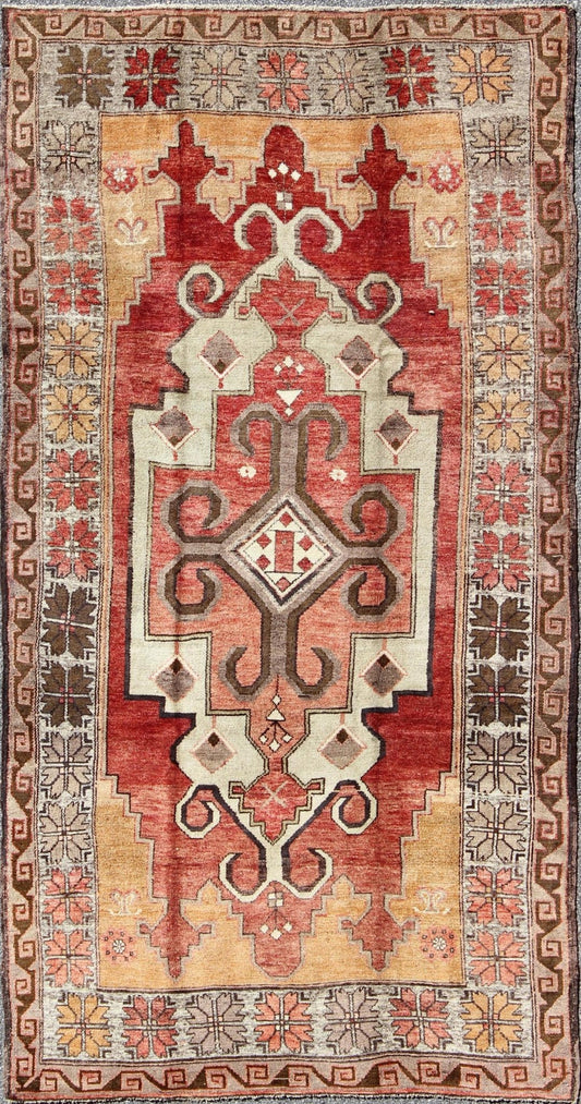 Vintage Turkish Oushak Rug with Geometric - Tribal Medallion in Red, Ivory & Gold This vintage Oushak rug features an intricate and complex design paired with a unique color combination. A geometric - tribal medallion spreads across the central fiel... - Keivan Woven ArtsEN - 140200 - 6037Rug