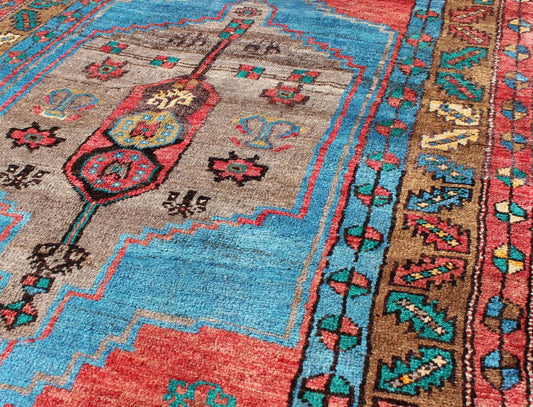 1930's Antique Oushak Rug in Bright Colors of Blue, Terracotta, Green & Yellow. Colorful 1930's Antique Oushak Rug in Bright Colors with geometric medallion. Keivan Woven Arts/ rug #EN - 140207, Origin/Turkey, Antique Oushak. Small antique Oushak. ... - Keivan Woven ArtsEN - 140207 - 5590