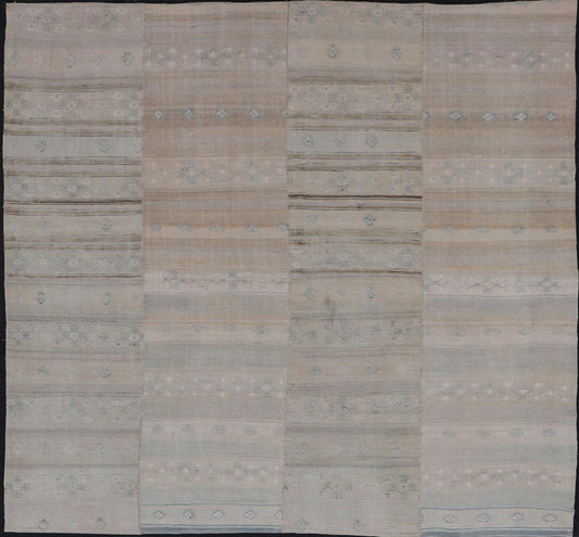 Measures: 10'4 x 11'3 Square Vintage Hand Woven Turkish Paneled Kilim Vintage Rug in Muted Colors. Keivan Woven Arts / rug EN - 14021 country of origin / type: Turkey / Kilim, circa mid - 20th century - Keivan Woven ArtsEN - 14021 - 21763