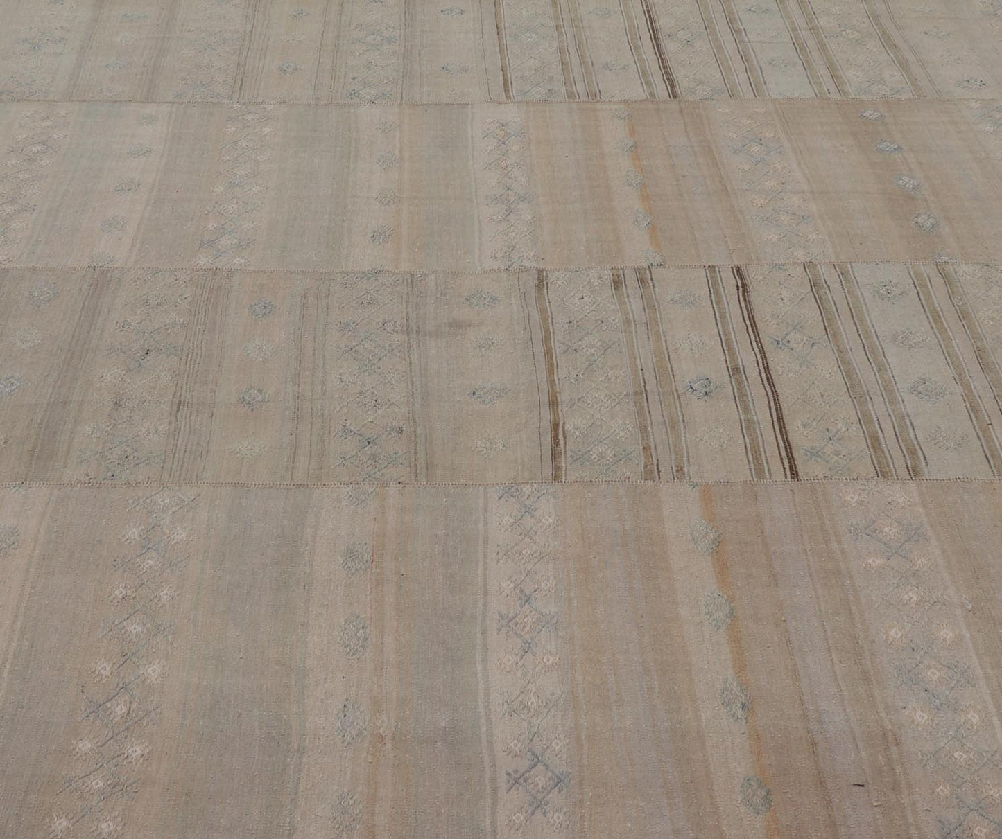 Measures: 10'4 x 11'3 Square Vintage Hand Woven Turkish Paneled Kilim Vintage Rug in Muted Colors. Keivan Woven Arts / rug EN - 14021 country of origin / type: Turkey / Kilim, circa mid - 20th century - Keivan Woven ArtsEN - 14021 - 21763Rug