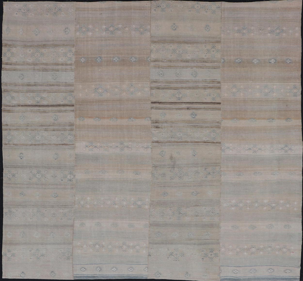 Measures: 10'4 x 11'3 Square Vintage Hand Woven Turkish Paneled Kilim Vintage Rug in Muted Colors. Keivan Woven Arts / rug EN - 14021 country of origin / type: Turkey / Kilim, circa mid - 20th century - Keivan Woven ArtsEN - 14021 - 21763Rug