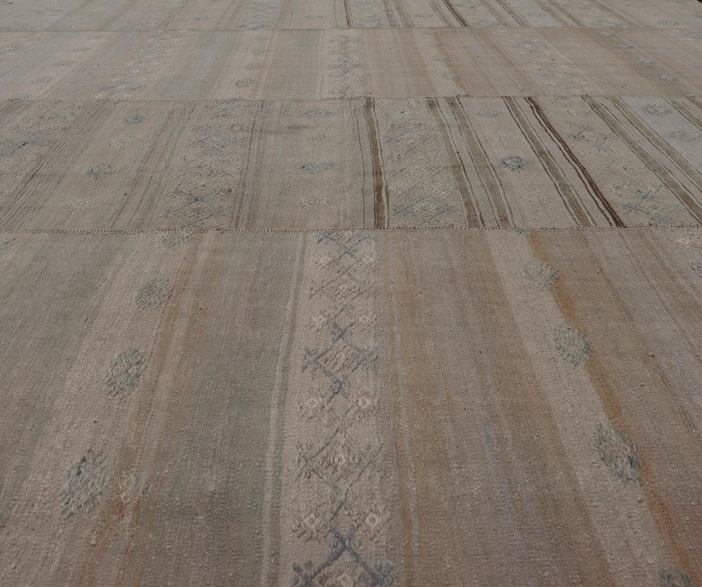 Measures: 10'4 x 11'3 Square Vintage Hand Woven Turkish Paneled Kilim Vintage Rug in Muted Colors. Keivan Woven Arts / rug EN - 14021 country of origin / type: Turkey / Kilim, circa mid - 20th century - Keivan Woven ArtsEN - 14021 - 21763Rug