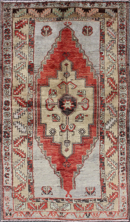 Vintage Turkish Oushak Rug in Orange Red, Butter & Light Gray, medallion Oushak Vintage Turkish small Oushak Carpet with Geometric Medallion in soft orange Red and multi colors, Small Oushak rug, Keivan Woven Arts #rug/EN - 140233, origin/turkey, Hand... - Keivan Woven ArtsEN - 140233 - 6041Rug
