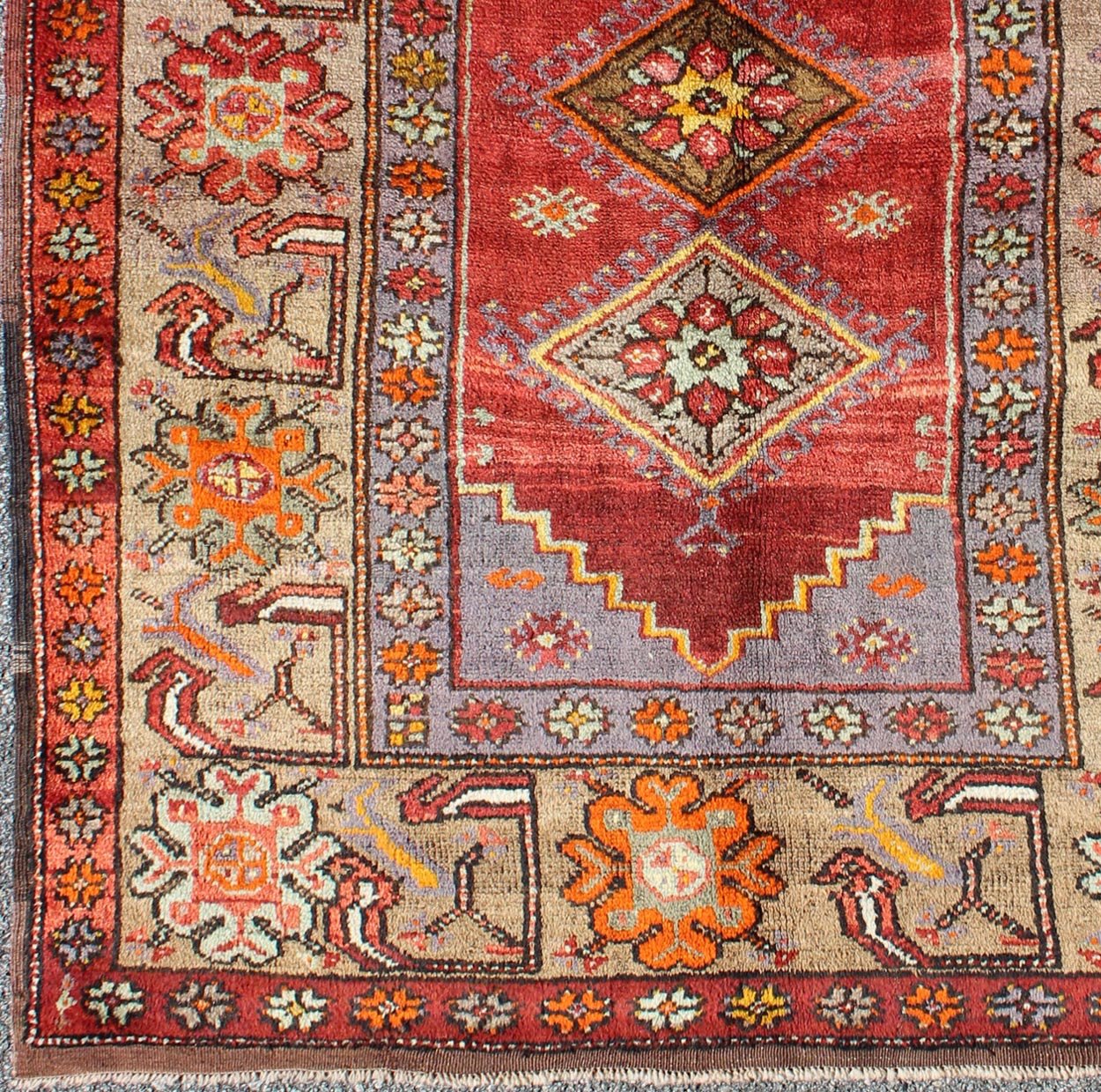 Colorful 1930's Antique Turkish Oushak Rug with Geometric Medallions & Floral Border. Square shape Antique Turkish Oushak Rug with Geometric Medallions & Floral Border, Keivan Woven Arts/ rug/ EN - 140239 , Origin/Turkey, Hand Knotted in wool pile and... - Keivan Woven ArtsEN - 140239 - 5600Rug