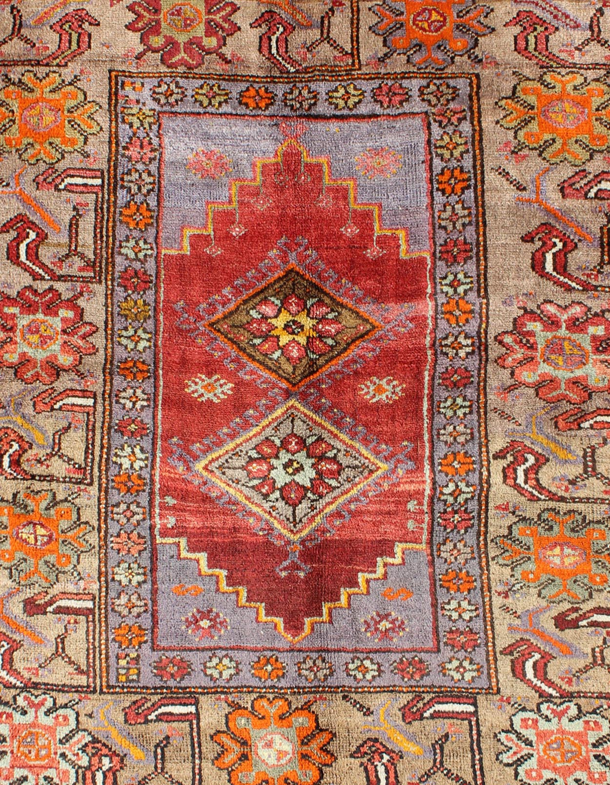 Colorful 1930's Antique Turkish Oushak Rug with Geometric Medallions & Floral Border. Square shape Antique Turkish Oushak Rug with Geometric Medallions & Floral Border, Keivan Woven Arts/ rug/ EN - 140239 , Origin/Turkey, Hand Knotted in wool pile and... - Keivan Woven ArtsEN - 140239 - 5600Rug