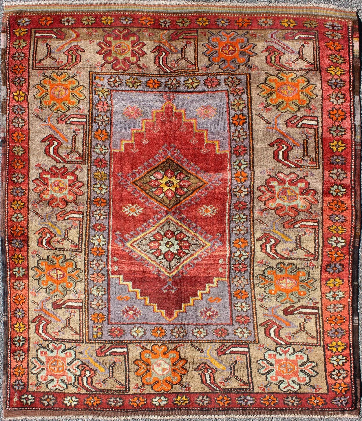 Colorful 1930's Antique Turkish Oushak Rug with Geometric Medallions & Floral Border. Square shape Antique Turkish Oushak Rug with Geometric Medallions & Floral Border, Keivan Woven Arts/ rug/ EN - 140239 , Origin/Turkey, Hand Knotted in wool pile and... - Keivan Woven ArtsEN - 140239 - 5600Rug