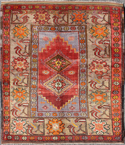 Colorful 1930's Antique Turkish Oushak Rug with Geometric Medallions & Floral Border. Square shape Antique Turkish Oushak Rug with Geometric Medallions & Floral Border, Keivan Woven Arts/ rug/ EN - 140239 , Origin/Turkey, Hand Knotted in wool pile and... - Keivan Woven ArtsEN - 140239 - 5600Rug