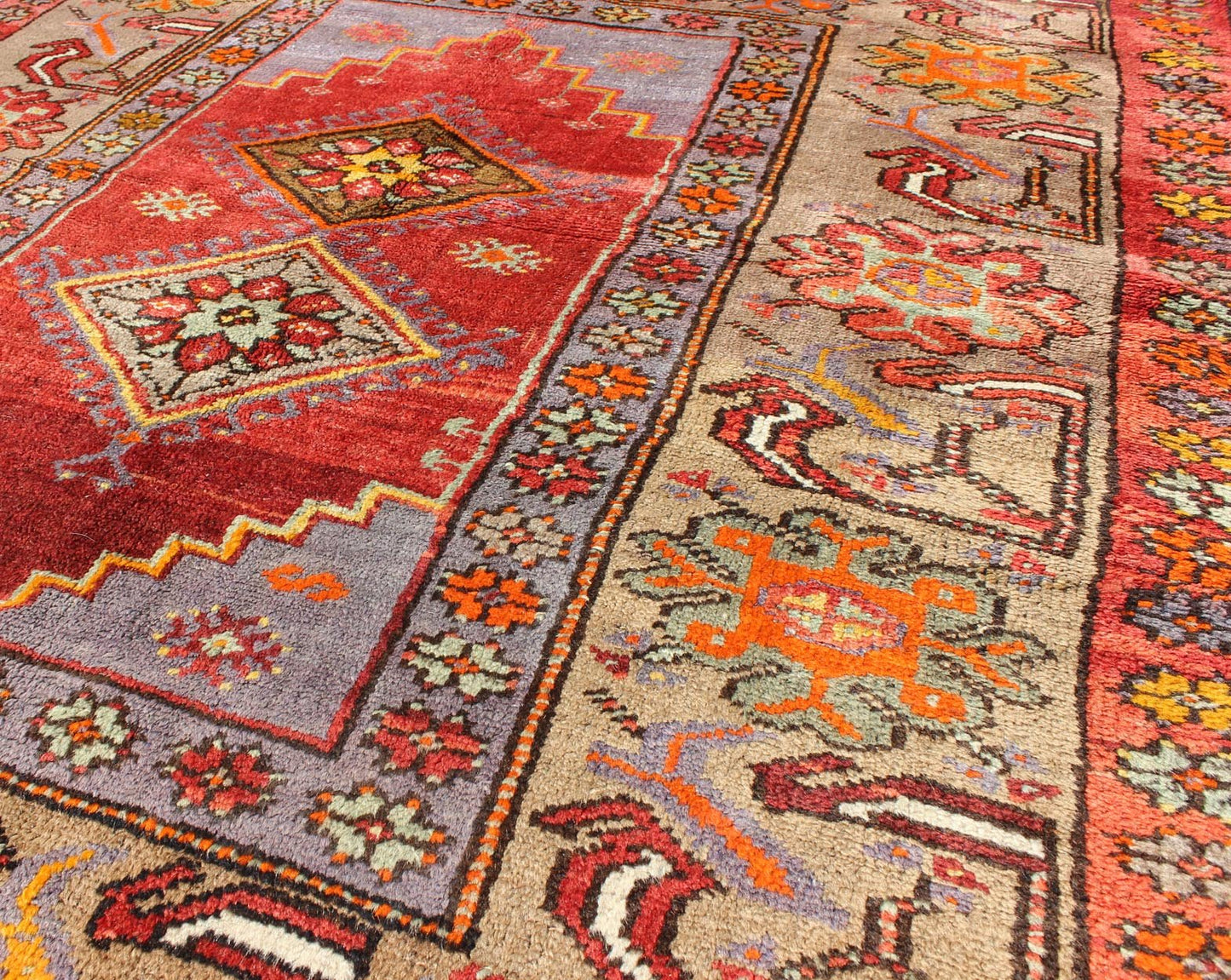 Colorful 1930's Antique Turkish Oushak Rug with Geometric Medallions & Floral Border. Square shape Antique Turkish Oushak Rug with Geometric Medallions & Floral Border, Keivan Woven Arts/ rug/ EN - 140239 , Origin/Turkey, Hand Knotted in wool pile and... - Keivan Woven ArtsEN - 140239 - 5600Rug