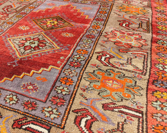 Colorful 1930's Antique Turkish Oushak Rug with Geometric Medallions & Floral Border. Square shape Antique Turkish Oushak Rug with Geometric Medallions & Floral Border, Keivan Woven Arts/ rug/ EN - 140239 , Origin/Turkey, Hand Knotted in wool pile and... - Keivan Woven ArtsEN - 140239 - 5600Rug