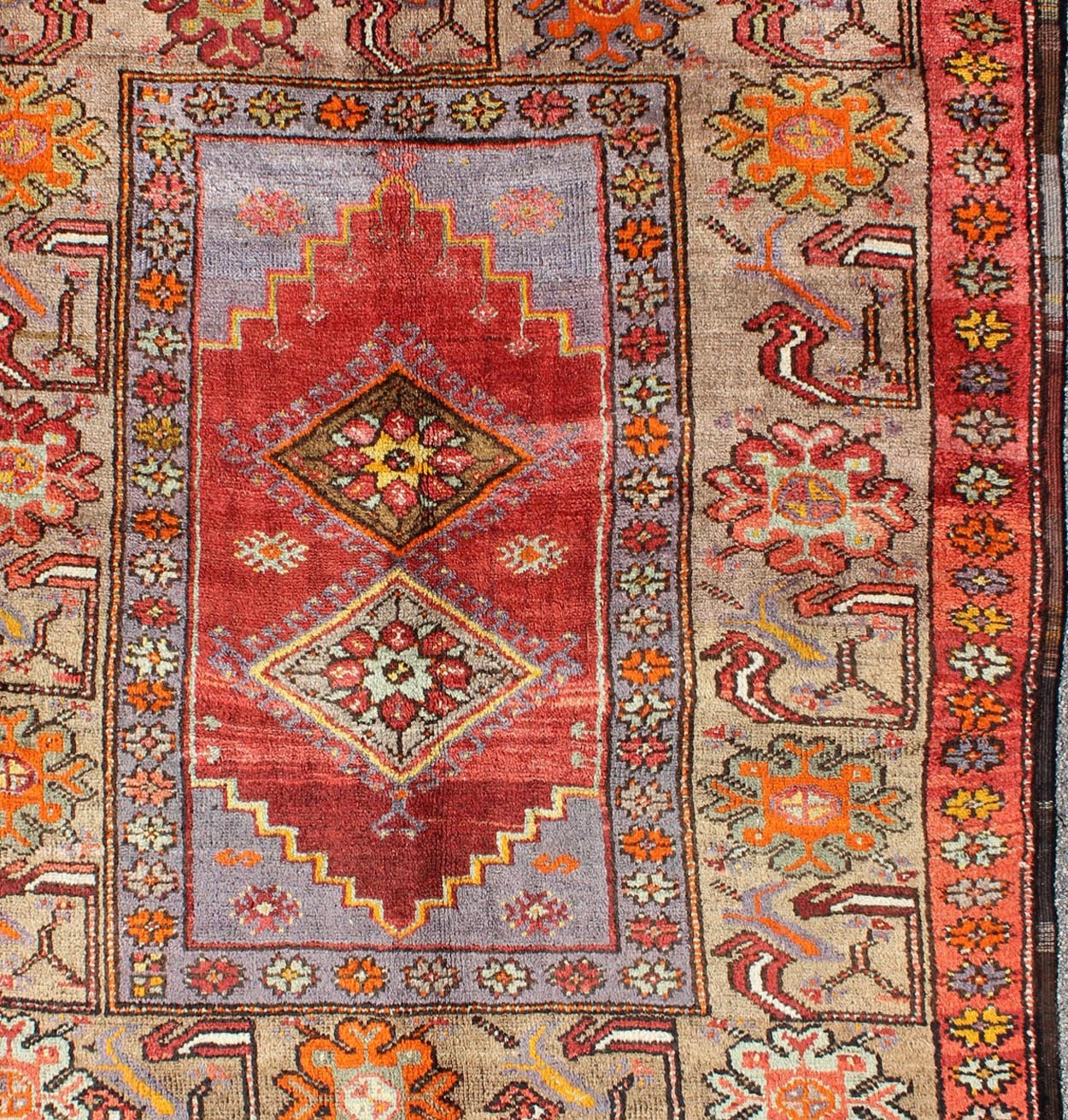 Colorful 1930's Antique Turkish Oushak Rug with Geometric Medallions & Floral Border. Square shape Antique Turkish Oushak Rug with Geometric Medallions & Floral Border, Keivan Woven Arts/ rug/ EN - 140239 , Origin/Turkey, Hand Knotted in wool pile and... - Keivan Woven ArtsEN - 140239 - 5600Rug