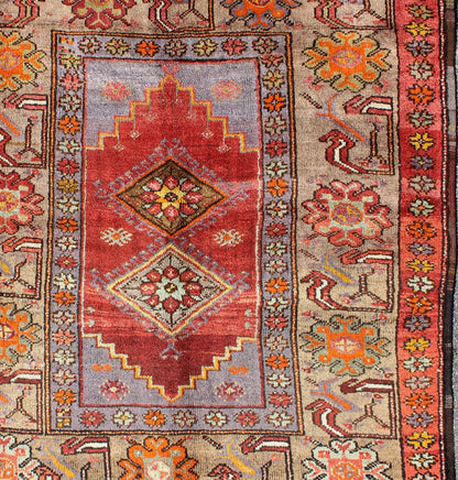 Colorful 1930's Antique Turkish Oushak Rug with Geometric Medallions & Floral Border. Square shape Antique Turkish Oushak Rug with Geometric Medallions & Floral Border, Keivan Woven Arts/ rug/ EN - 140239 , Origin/Turkey, Hand Knotted in wool pile and... - Keivan Woven ArtsEN - 140239 - 5600Rug