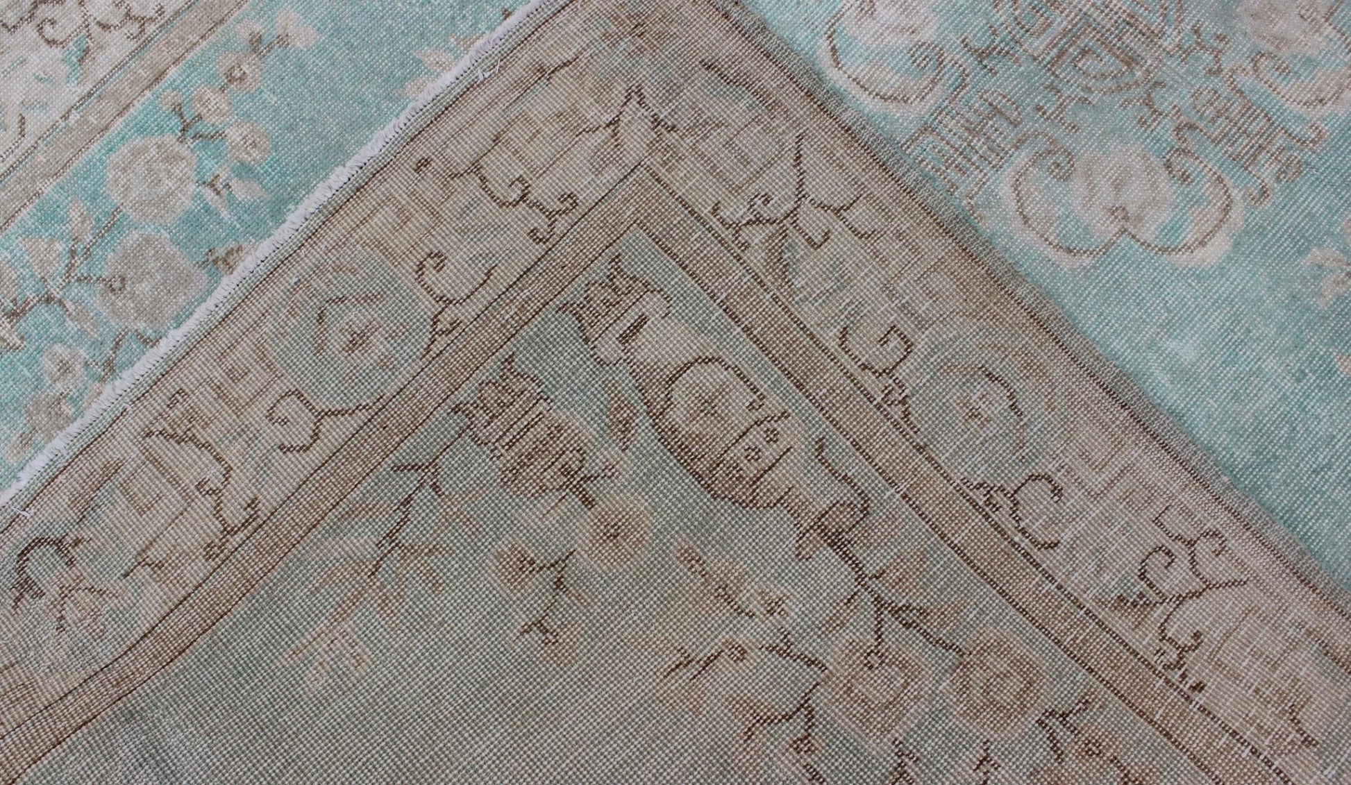 Vintage Turkish Rug With Khotan Design in Sea Foam Blue, Taupe and Light Brown .Vintage Turkish Rug with Khotan Design in Sea Foam Blue, Taupe and Light Brown. mid 20th Century Rug/ EN - 140242 Keivan Woven Arts Inspired by Asian motifs and Weste... - Keivan Woven ArtsEN - 140242 - 5606Rug