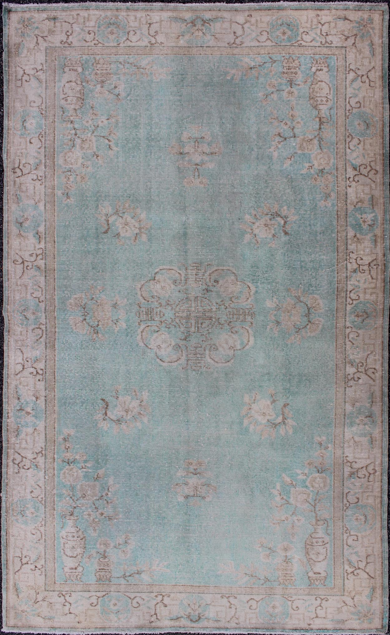Vintage Turkish Rug With Khotan Design in Sea Foam Blue, Taupe and Light Brown .Vintage Turkish Rug with Khotan Design in Sea Foam Blue, Taupe and Light Brown. mid 20th Century Rug/ EN - 140242 Keivan Woven Arts Inspired by Asian motifs and Weste... - Keivan Woven ArtsEN - 140242 - 5606Rug