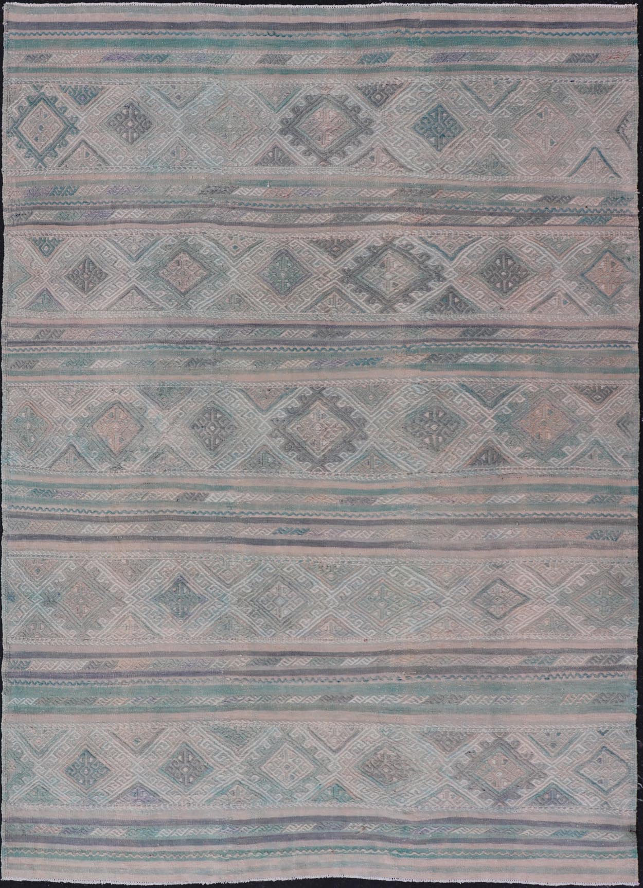 Turkish Vintage Kilim Flat - Weave with Embroideries Kilim in Pastel Color. geometric stripe design Vintage Kilim from Turkey, Keivan Woven Arts / rug EN - 14029, country of origin / type: Turkey / Kilim, circa 1950 Measures: 5'4 x 7'7 - Keivan Woven ArtsEN - 14029 - 23947Rug