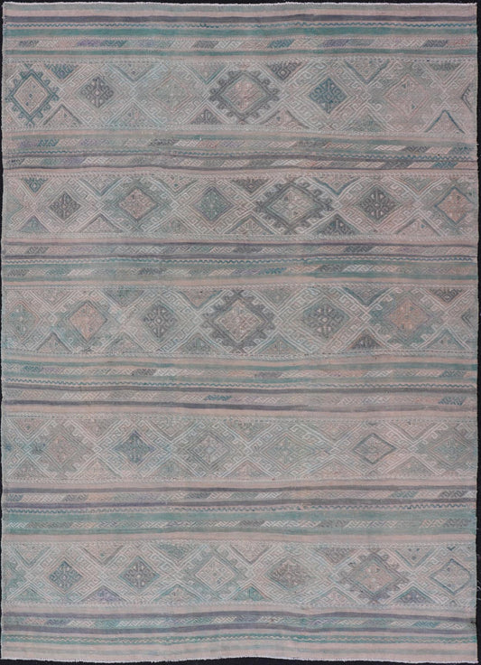 Turkish Vintage Kilim Flat - Weave with Embroideries Kilim in Pastel Color. geometric stripe design Vintage Kilim from Turkey, Keivan Woven Arts / rug EN - 14029, country of origin / type: Turkey / Kilim, circa 1950 Measures: 5'4 x 7'7 - Keivan Woven ArtsEN - 14029 - 23947Rug