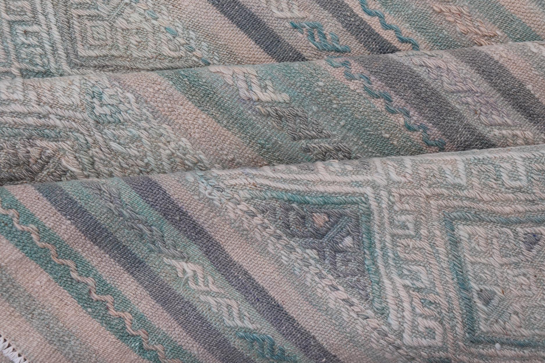 Turkish Vintage Kilim Flat - Weave with Embroideries Kilim in Pastel Color. geometric stripe design Vintage Kilim from Turkey, Keivan Woven Arts / rug EN - 14029, country of origin / type: Turkey / Kilim, circa 1950 Measures: 5'4 x 7'7 - Keivan Woven ArtsEN - 14029 - 23947Rug