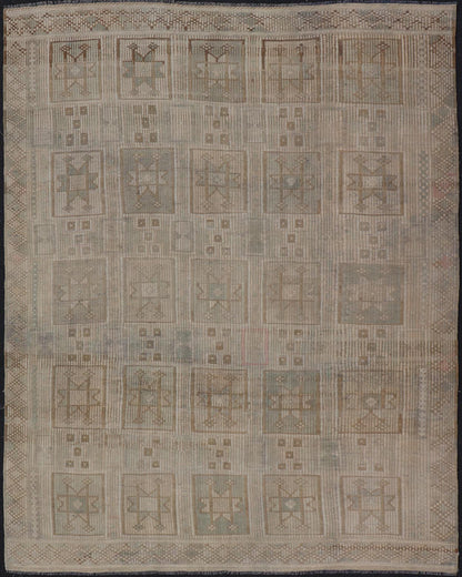 Vintage Turkish Embroidered Square Designed Kilim in Tan, Cream, and Light Green. Keivan Woven Arts / rug/EN - 14030, country of origin / type: Turkey / Kilim, circa 1950 Measures: 7'6 x 9'5 This Embroidered kilim rug from Turkey features an all - o... - Keivan Woven ArtsEN - 14030 - 23732Rug