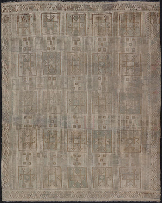 Vintage Turkish Embroidered Square Designed Kilim in Tan, Cream, and Light Green. Keivan Woven Arts / rug/EN - 14030, country of origin / type: Turkey / Kilim, circa 1950 Measures: 7'6 x 9'5 This Embroidered kilim rug from Turkey features an all - o... - Keivan Woven ArtsEN - 14030 - 23732Rug