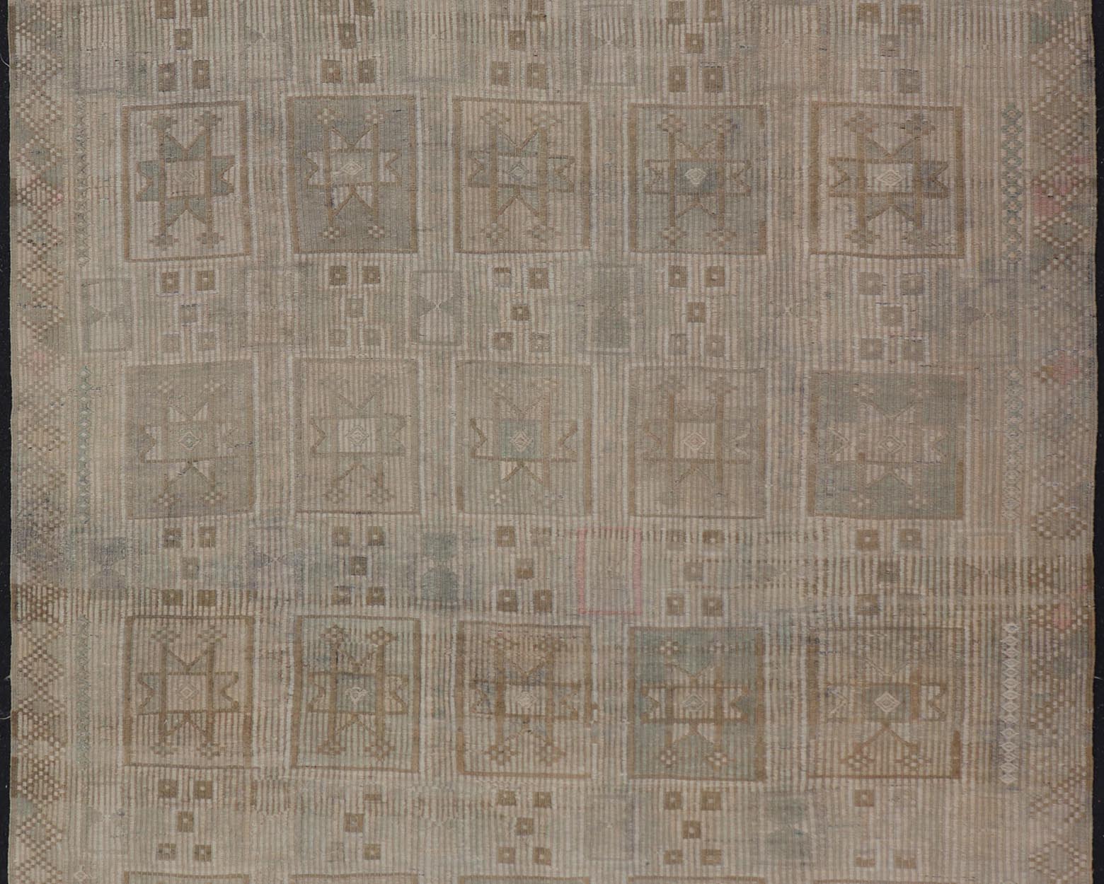 Vintage Turkish Embroidered Square Designed Kilim in Tan, Cream, and Light Green. Keivan Woven Arts / rug/EN - 14030, country of origin / type: Turkey / Kilim, circa 1950 Measures: 7'6 x 9'5 This Embroidered kilim rug from Turkey features an all - o... - Keivan Woven ArtsEN - 14030 - 23732Rug